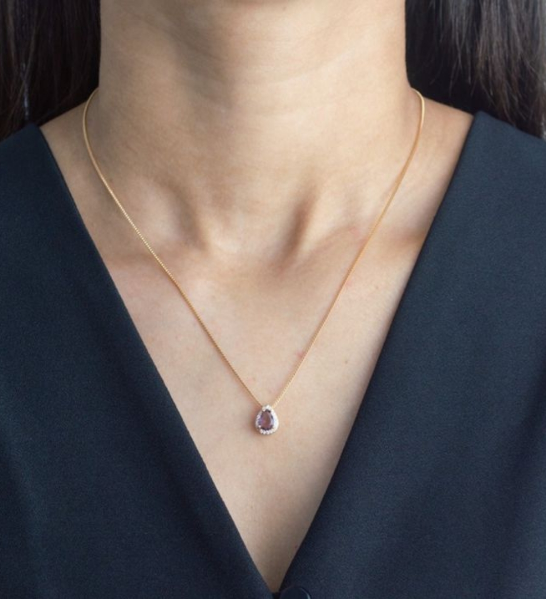 Colar Pingente Gota Lilás Ametista com Zircônias
