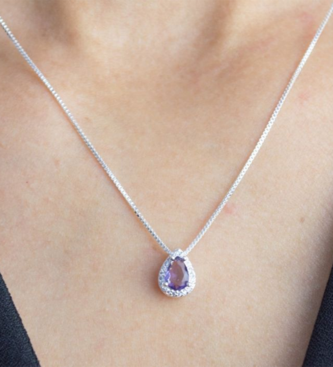 Colar Pingente Gota Lilás Ametista com Zircônias