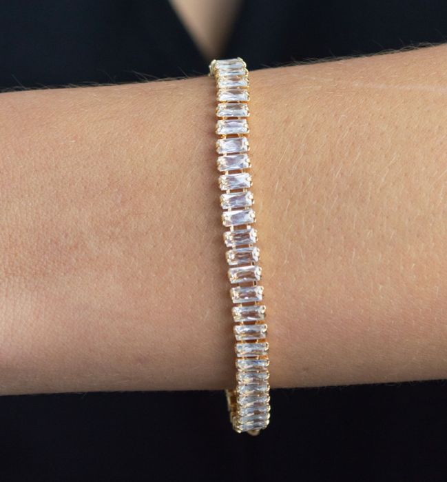 Pulseira Riviera Baguete Grossa Pedras Cristais Dourado