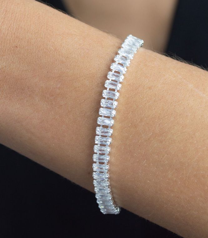 Pulseira Riviera Baguete Grossa Pedras Cristais Prateado