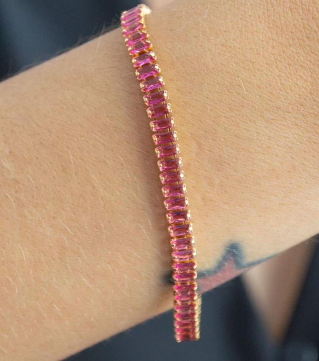 Pulseira Riviera Baguete Pedras Rosa Dourado