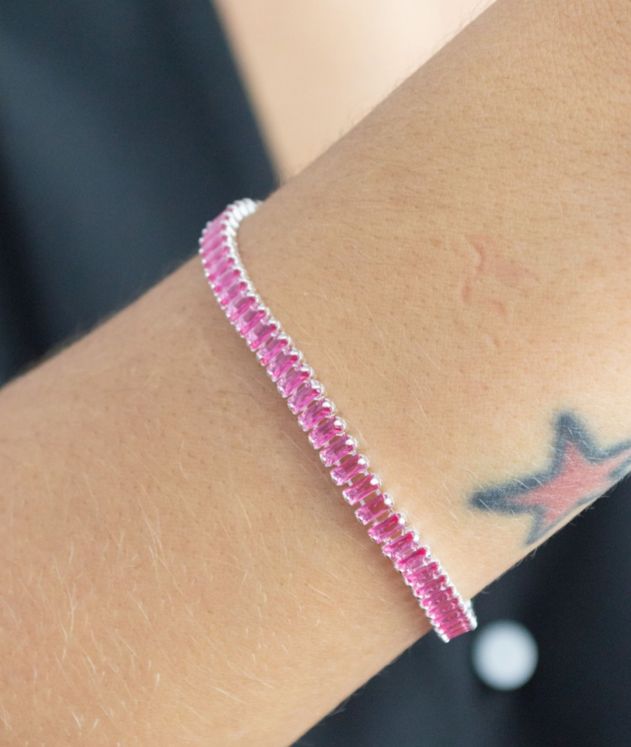 Pulseira Riviera Baguete Pedras Rosa Prateado
