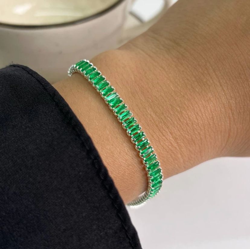 Pulseira Riviera Baguete Pedras Verde Prateado