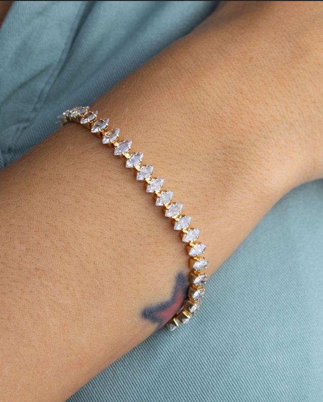 Pulseira Riviera Navete Grossa Pedras Cristais Dourado