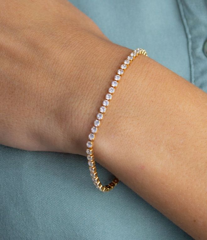 Pulseira Riviera Quadrada Pedras Cristais Fina Dourado