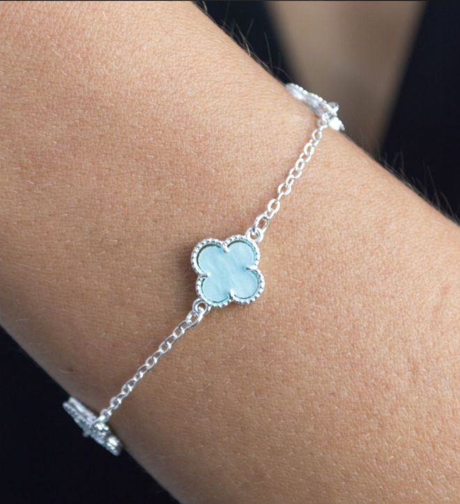 Pulseira Três Trevos Azul Bebê Virgínia Prateado