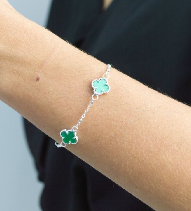 Pulseira Três Trevos Verde Virgínia Prateado